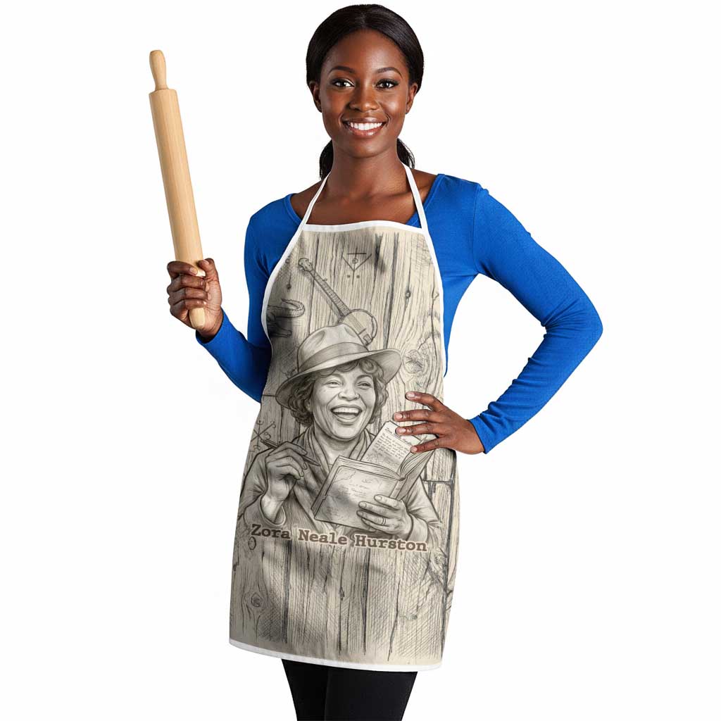 Zora Neale Hurston Apron Rustic Wood Engraved Style Illustration Joyful Portrait with Book and Map Donkey - African Pride