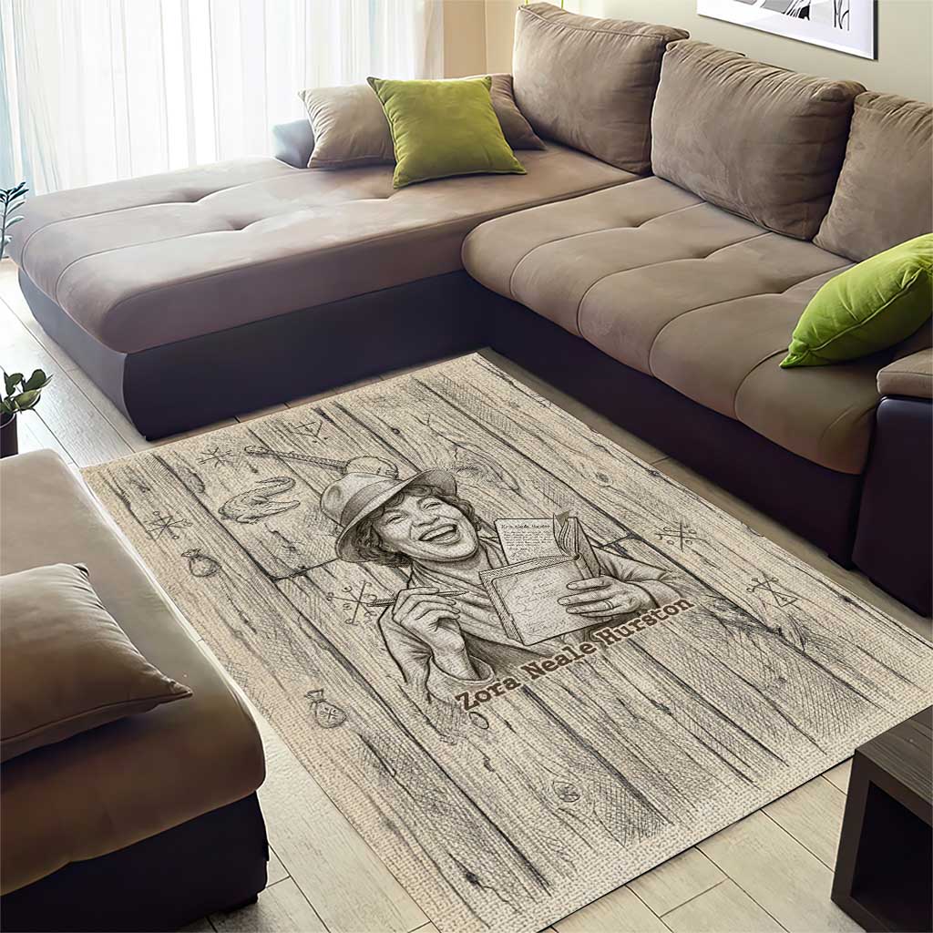 Zora Neale Hurston Area Rug Rustic Wood Engraved Style Illustration Joyful Portrait with Book and Map Donkey - African Pride