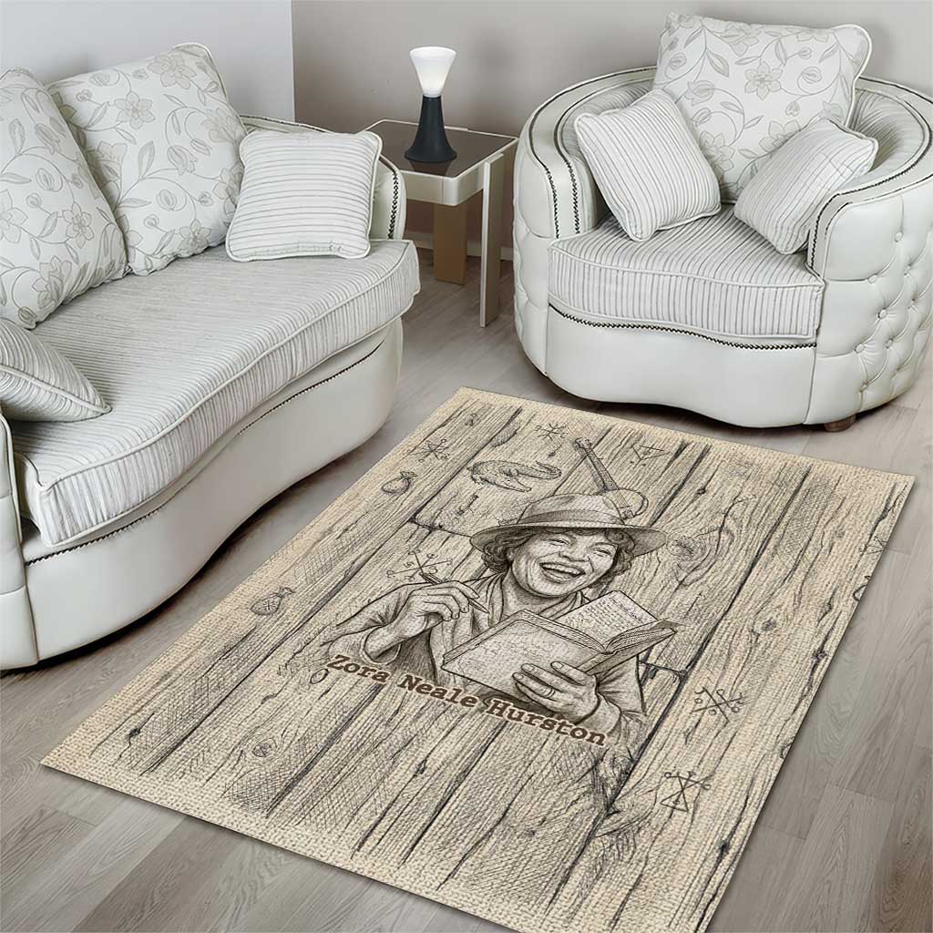 Zora Neale Hurston Area Rug Rustic Wood Engraved Style Illustration Joyful Portrait with Book and Map Donkey - African Pride