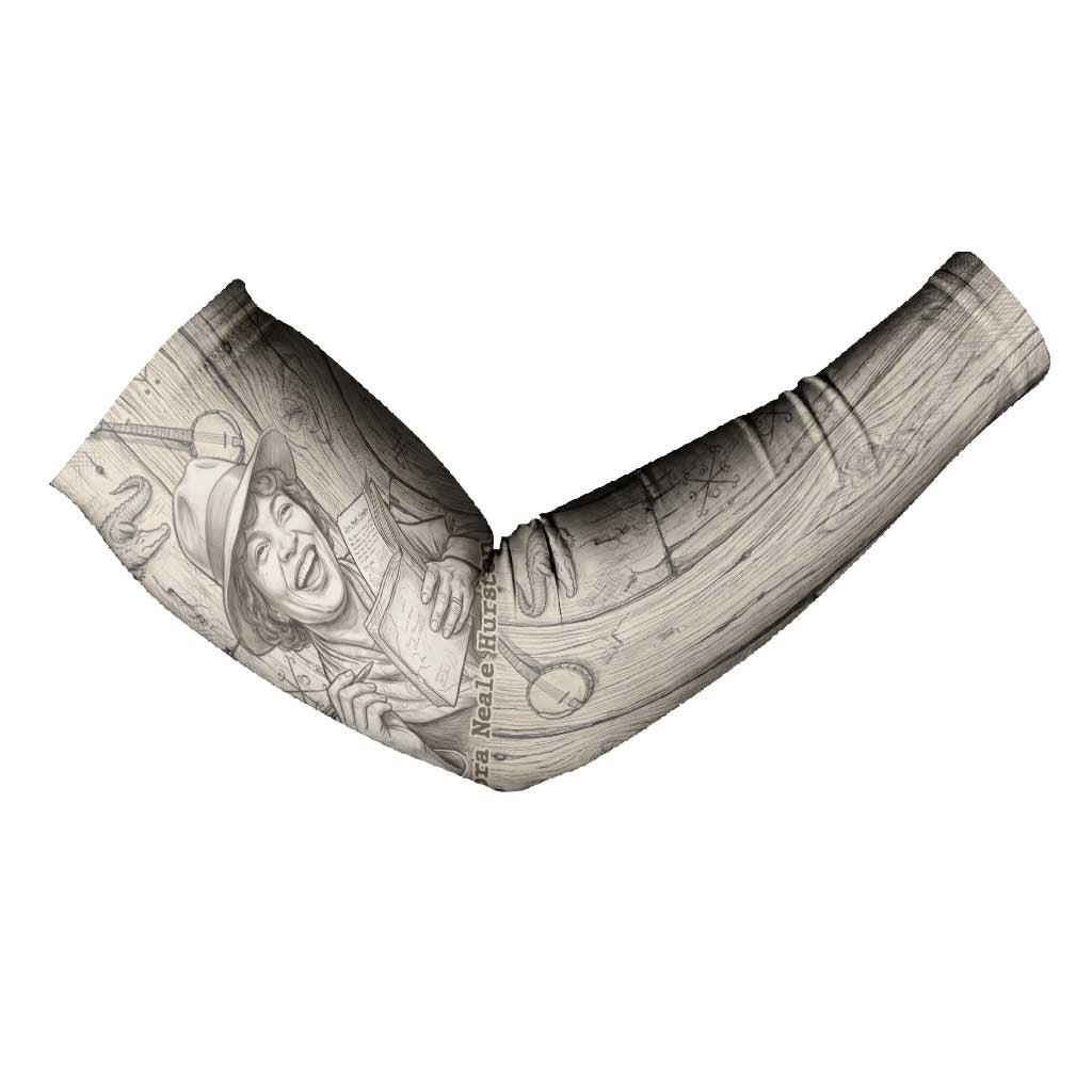 Zora Neale Hurston Arm Sleeves Rustic Wood Engraved Style Illustration Joyful Portrait with Book and Map Donkey - African Pride