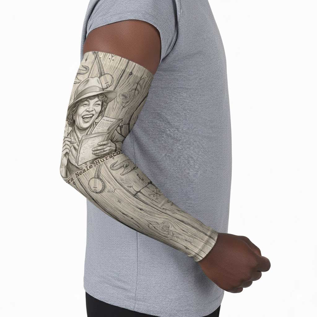 Zora Neale Hurston Arm Sleeves Rustic Wood Engraved Style Illustration Joyful Portrait with Book and Map Donkey - African Pride