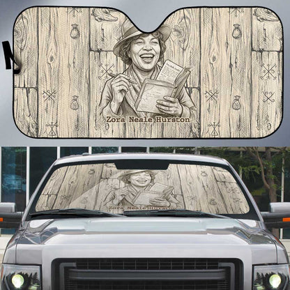 Zora Neale Hurston Auto Sun Shade Rustic Wood Engraved Style Illustration Joyful Portrait with Book and Map Donkey - African Pride
