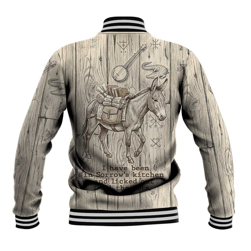 Zora Neale Hurston Baseball Jacket Rustic Wood Engraved Style Illustration Joyful Portrait with Book and Map Donkey - African Pride