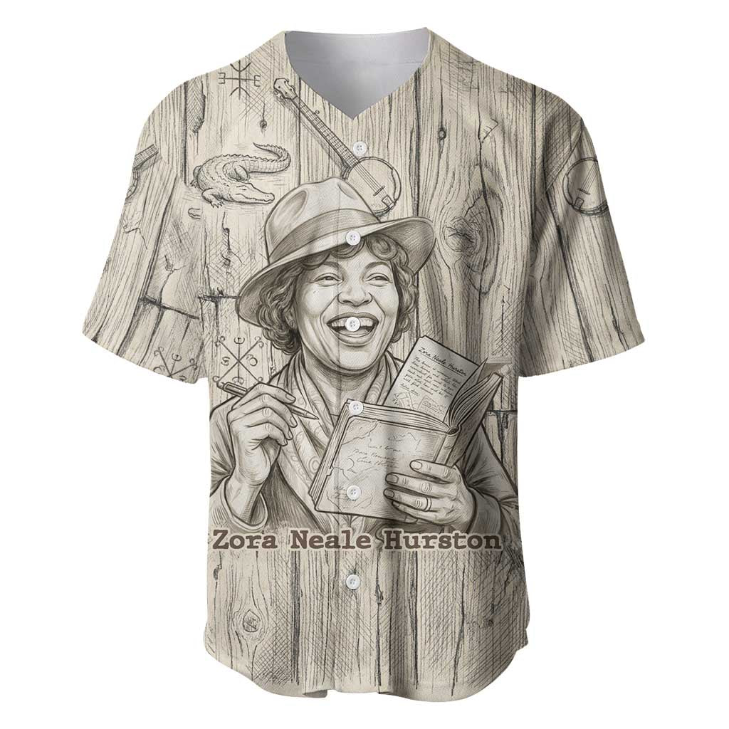 Zora Neale Hurston Baseball Jersey Rustic Wood Engraved Style Illustration Joyful Portrait with Book and Map Donkey - African Pride