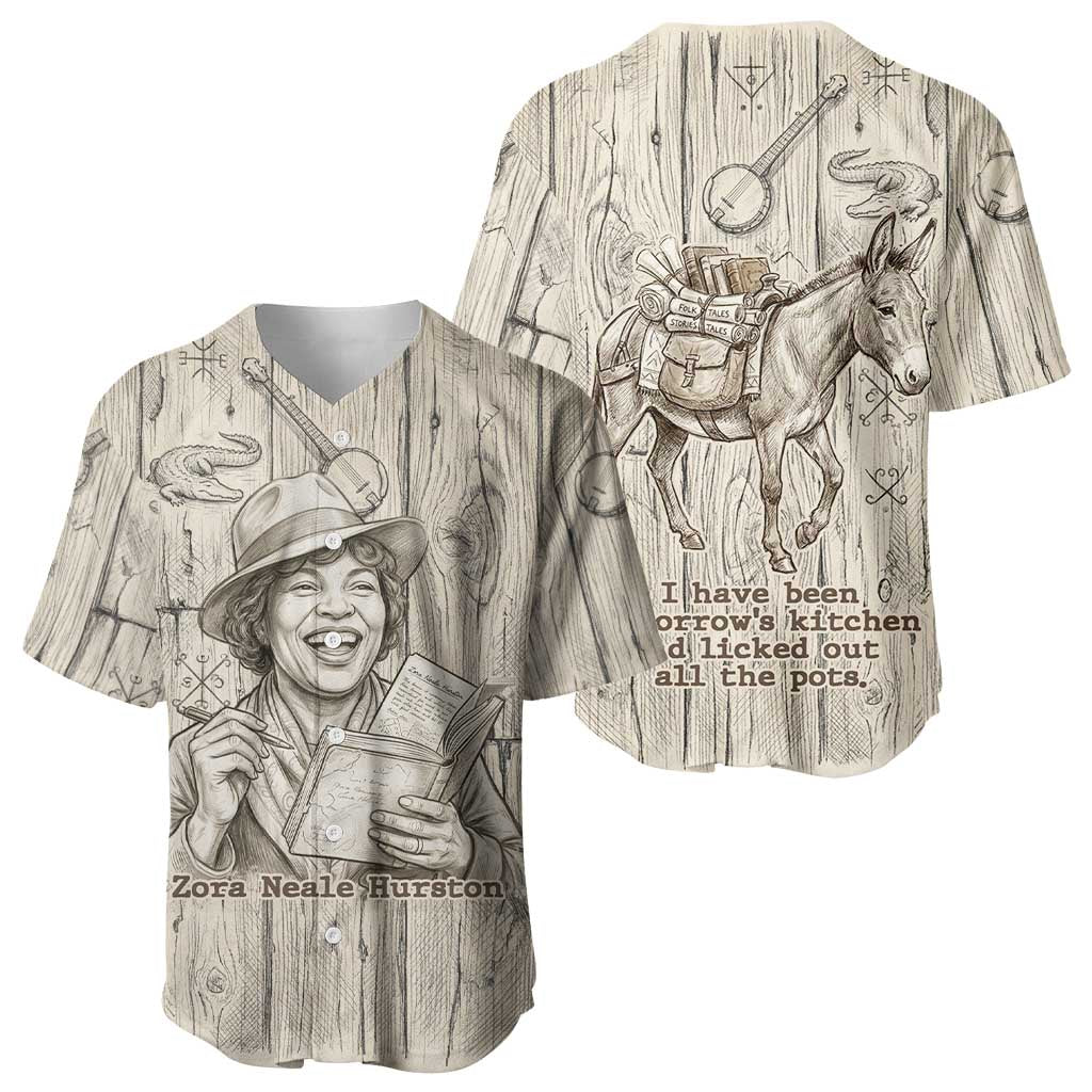 Zora Neale Hurston Baseball Jersey Rustic Wood Engraved Style Illustration Joyful Portrait with Book and Map Donkey - African Pride