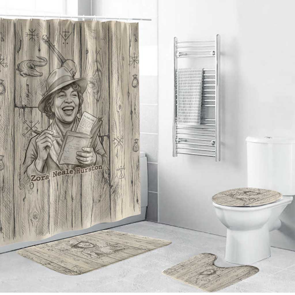 Zora Neale Hurston Bathroom Set Rustic Wood Engraved Style Illustration Joyful Portrait with Book and Map Donkey - African Pride