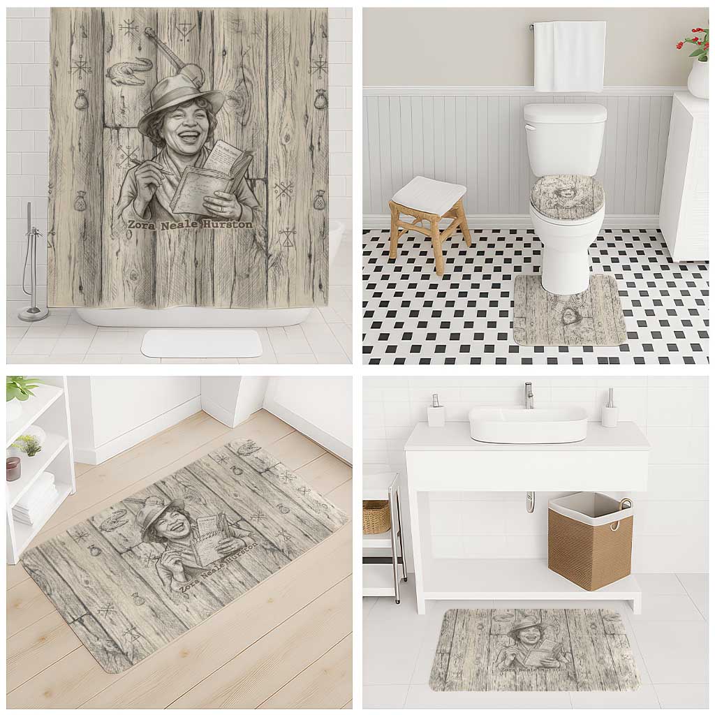 Zora Neale Hurston Bathroom Set Rustic Wood Engraved Style Illustration Joyful Portrait with Book and Map Donkey - African Pride