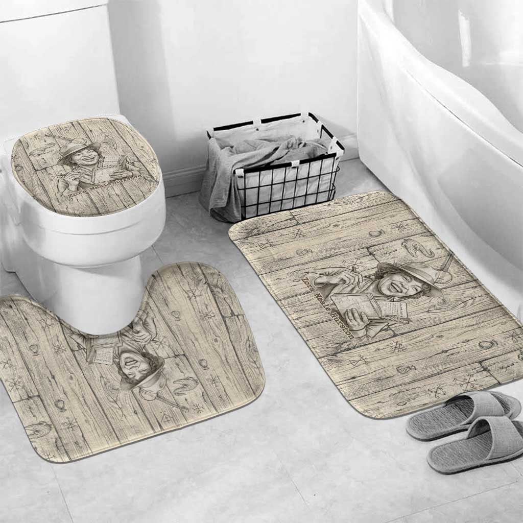 Zora Neale Hurston Bathroom Set Rustic Wood Engraved Style Illustration Joyful Portrait with Book and Map Donkey - African Pride