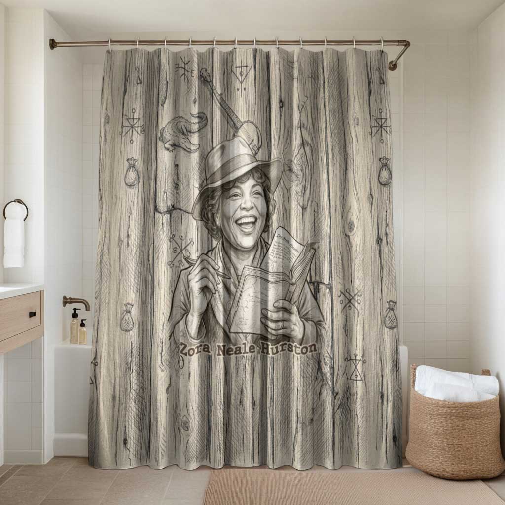 Zora Neale Hurston Bathroom Set Rustic Wood Engraved Style Illustration Joyful Portrait with Book and Map Donkey - African Pride