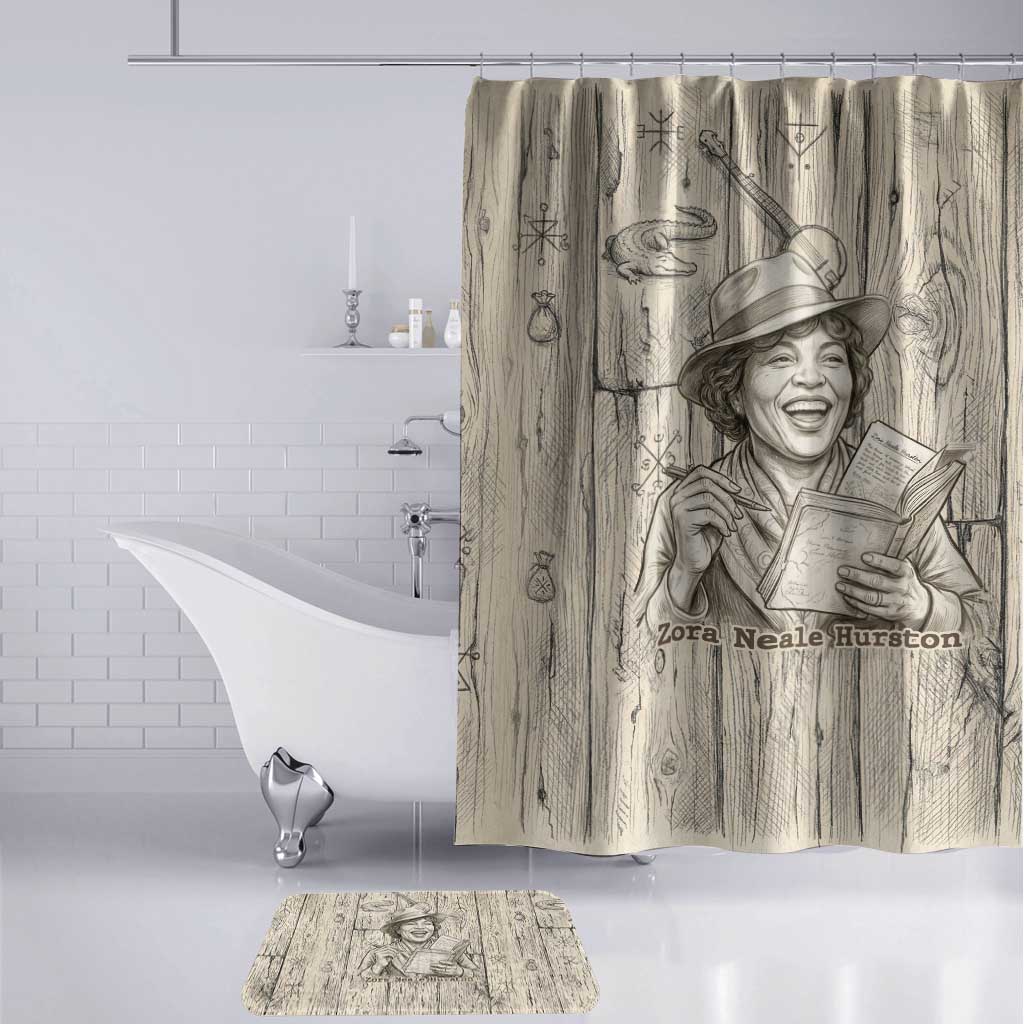 Zora Neale Hurston Bathroom Set Rustic Wood Engraved Style Illustration Joyful Portrait with Book and Map Donkey - African Pride