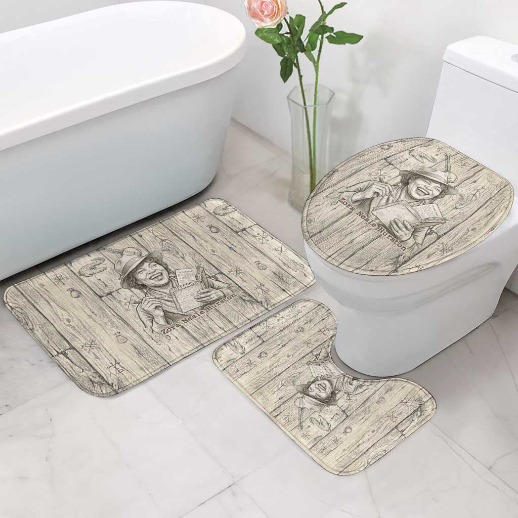 Zora Neale Hurston Bathroom Set Rustic Wood Engraved Style Illustration Joyful Portrait with Book and Map Donkey - African Pride