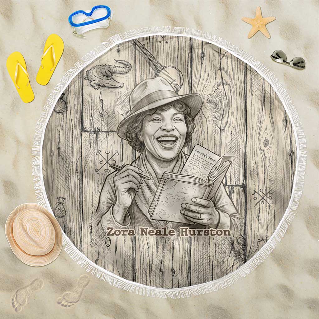 Zora Neale Hurston Beach Blanket Rustic Wood Engraved Style Illustration Joyful Portrait with Book and Map Donkey - African Pride