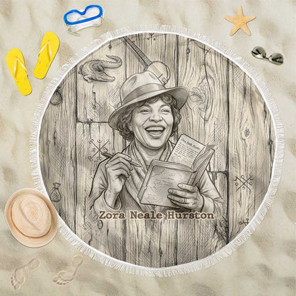 Zora Neale Hurston Beach Blanket Rustic Wood Engraved Style Illustration Joyful Portrait with Book and Map Donkey - African Pride