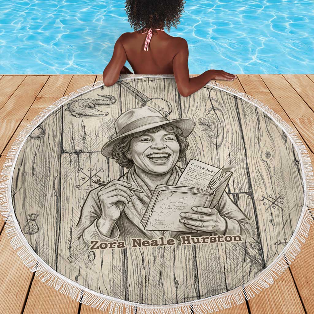 Zora Neale Hurston Beach Blanket Rustic Wood Engraved Style Illustration Joyful Portrait with Book and Map Donkey - African Pride