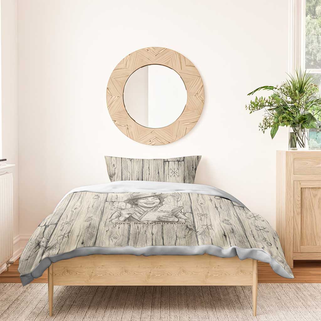Zora Neale Hurston Bedding Set Rustic Wood Engraved Style Illustration Joyful Portrait with Book and Map Donkey - African Pride