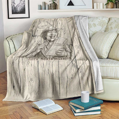 Zora Neale Hurston Blanket Rustic Wood Engraved Style Illustration Joyful Portrait with Book and Map Donkey - African Pride