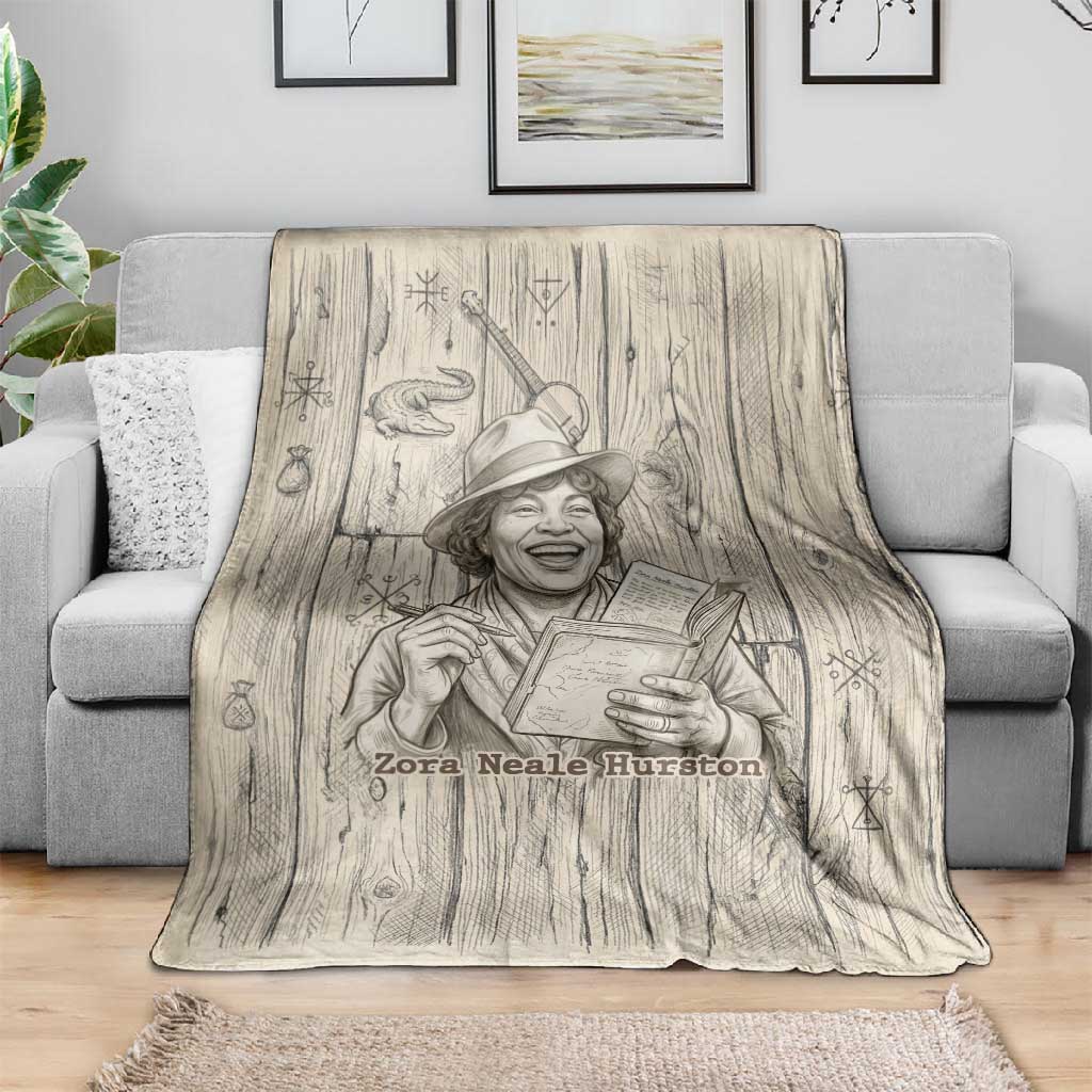 Zora Neale Hurston Blanket Rustic Wood Engraved Style Illustration Joyful Portrait with Book and Map Donkey - African Pride