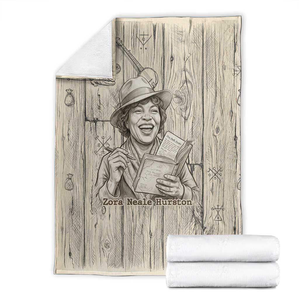 Zora Neale Hurston Blanket Rustic Wood Engraved Style Illustration Joyful Portrait with Book and Map Donkey - African Pride