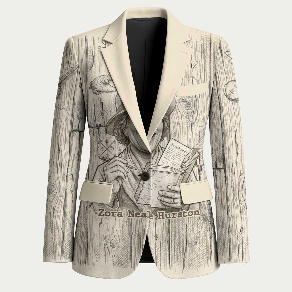 Zora Neale Hurston Blazer Rustic Wood Engraved Style Illustration Joyful Portrait with Book and Map Donkey - African Pride