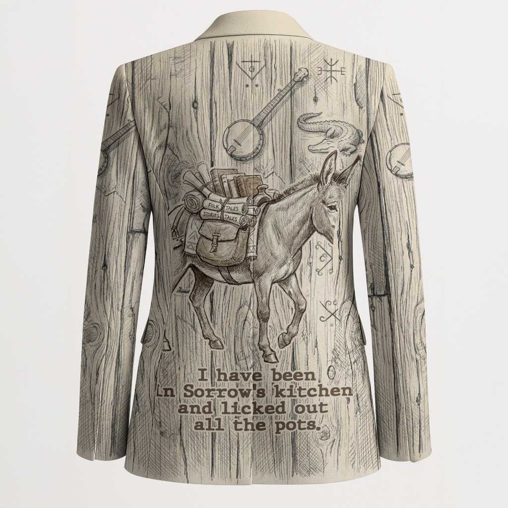 Zora Neale Hurston Blazer Rustic Wood Engraved Style Illustration Joyful Portrait with Book and Map Donkey - African Pride
