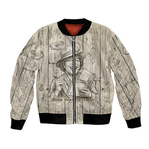 Zora Neale Hurston Bomber Jacket Rustic Wood Engraved Style Illustration Joyful Portrait with Book and Map Donkey - African Pride
