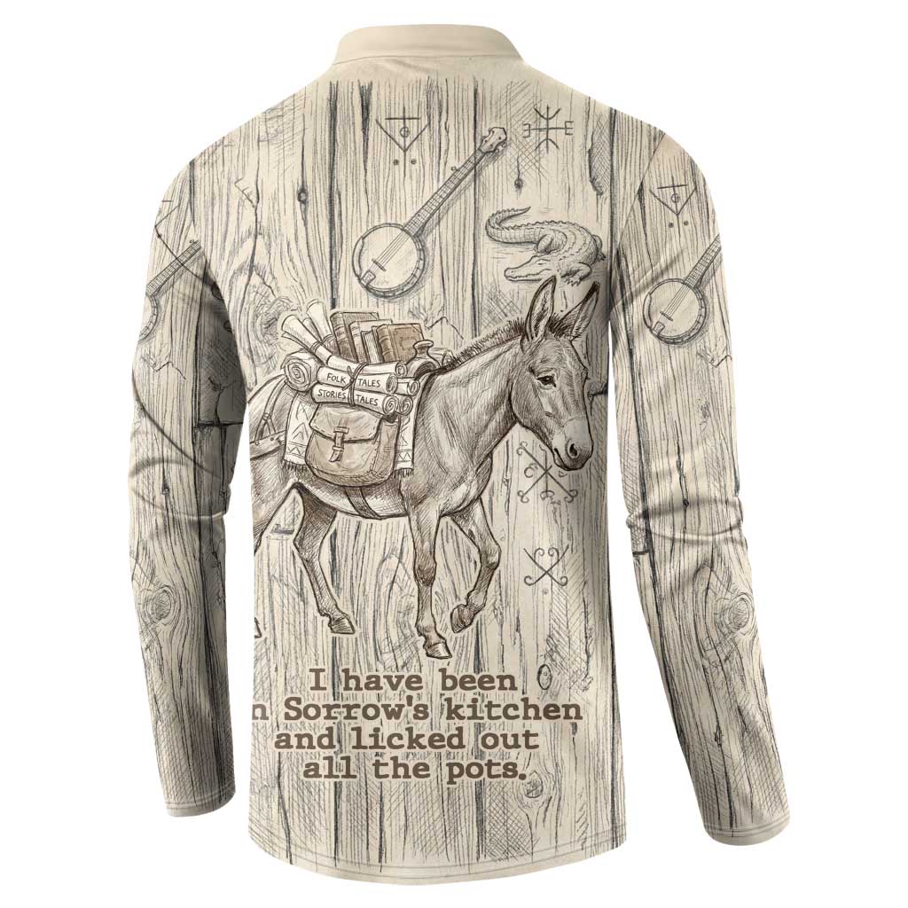 Zora Neale Hurston Button Sweatshirt Rustic Wood Engraved Style Illustration Joyful Portrait with Book and Map Donkey