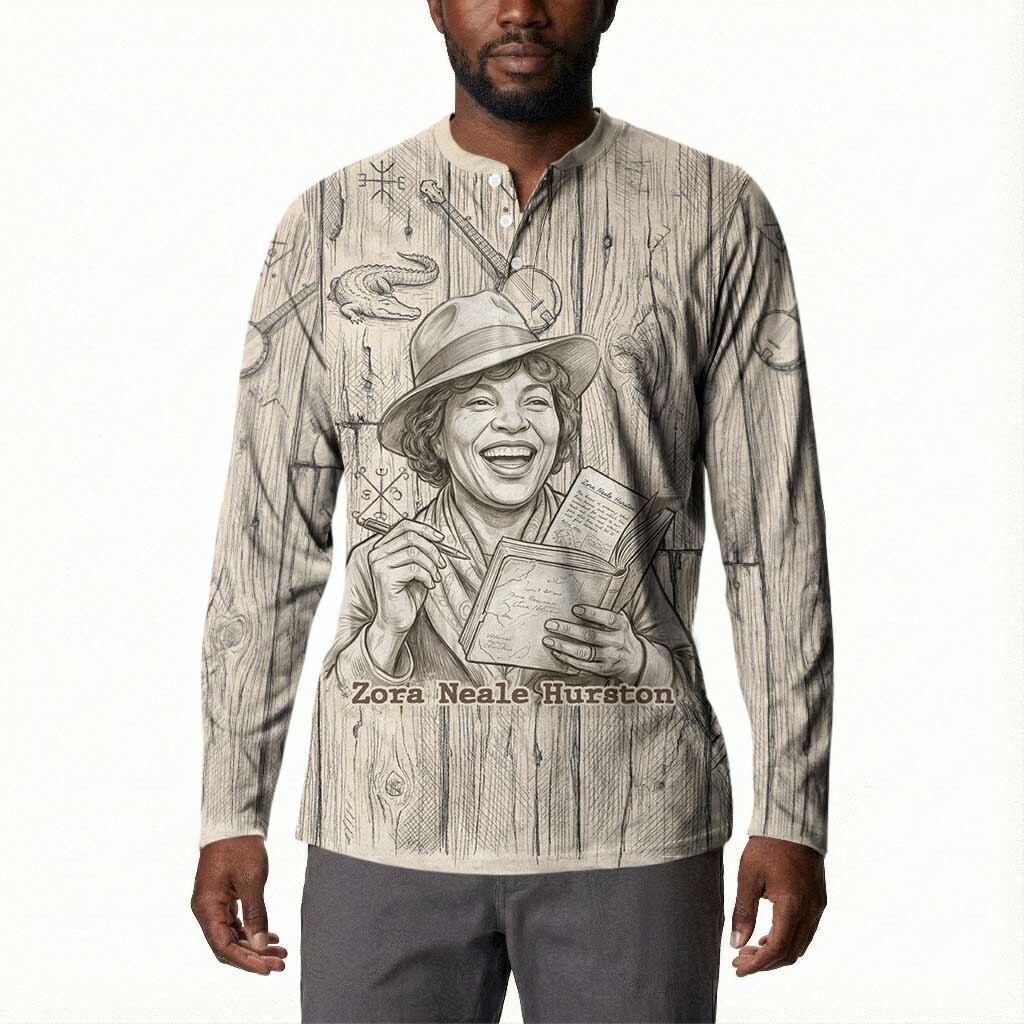 Zora Neale Hurston Button Sweatshirt Rustic Wood Engraved Style Illustration Joyful Portrait with Book and Map Donkey