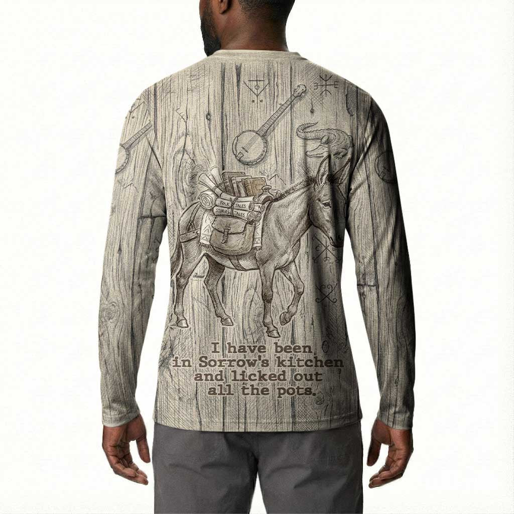 Zora Neale Hurston Button Sweatshirt Rustic Wood Engraved Style Illustration Joyful Portrait with Book and Map Donkey