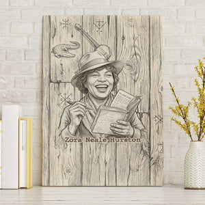 Zora Neale Hurston Canvas Wall Art Rustic Wood Engraved Style Illustration Joyful Portrait with Book and Map Donkey - African Pride