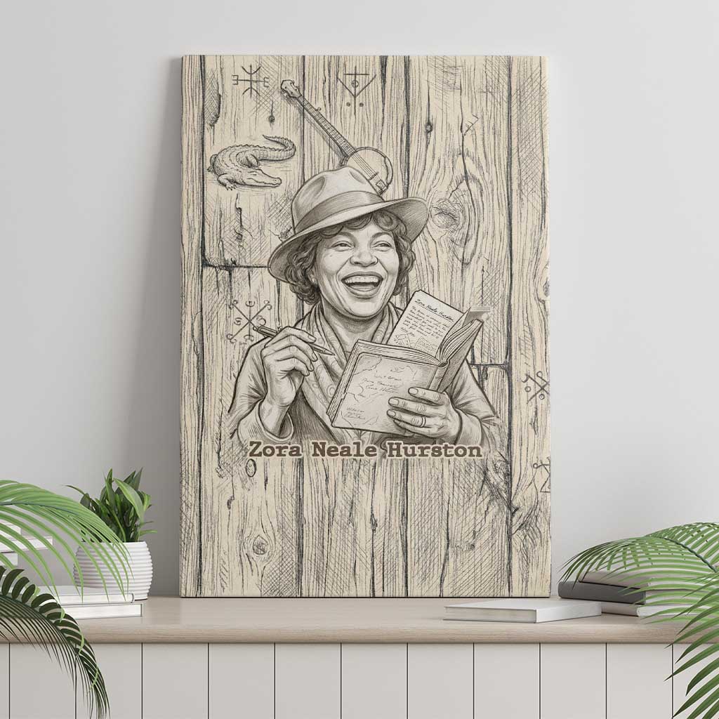Zora Neale Hurston Canvas Wall Art Rustic Wood Engraved Style Illustration Joyful Portrait with Book and Map Donkey - African Pride