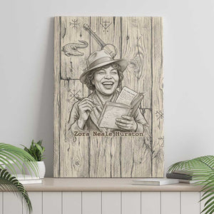 Zora Neale Hurston Canvas Wall Art Rustic Wood Engraved Style Illustration Joyful Portrait with Book and Map Donkey - African Pride