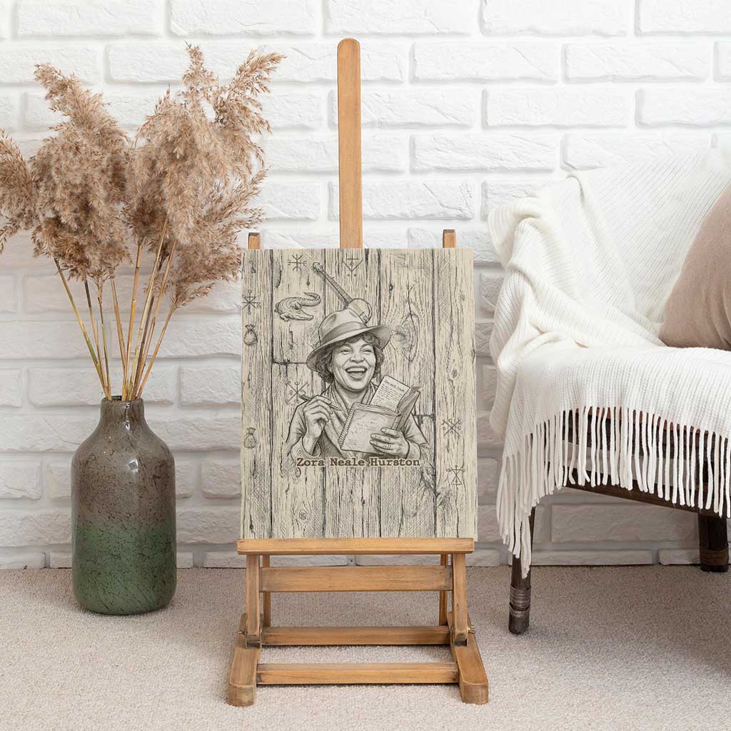 Zora Neale Hurston Canvas Wall Art Rustic Wood Engraved Style Illustration Joyful Portrait with Book and Map Donkey - African Pride