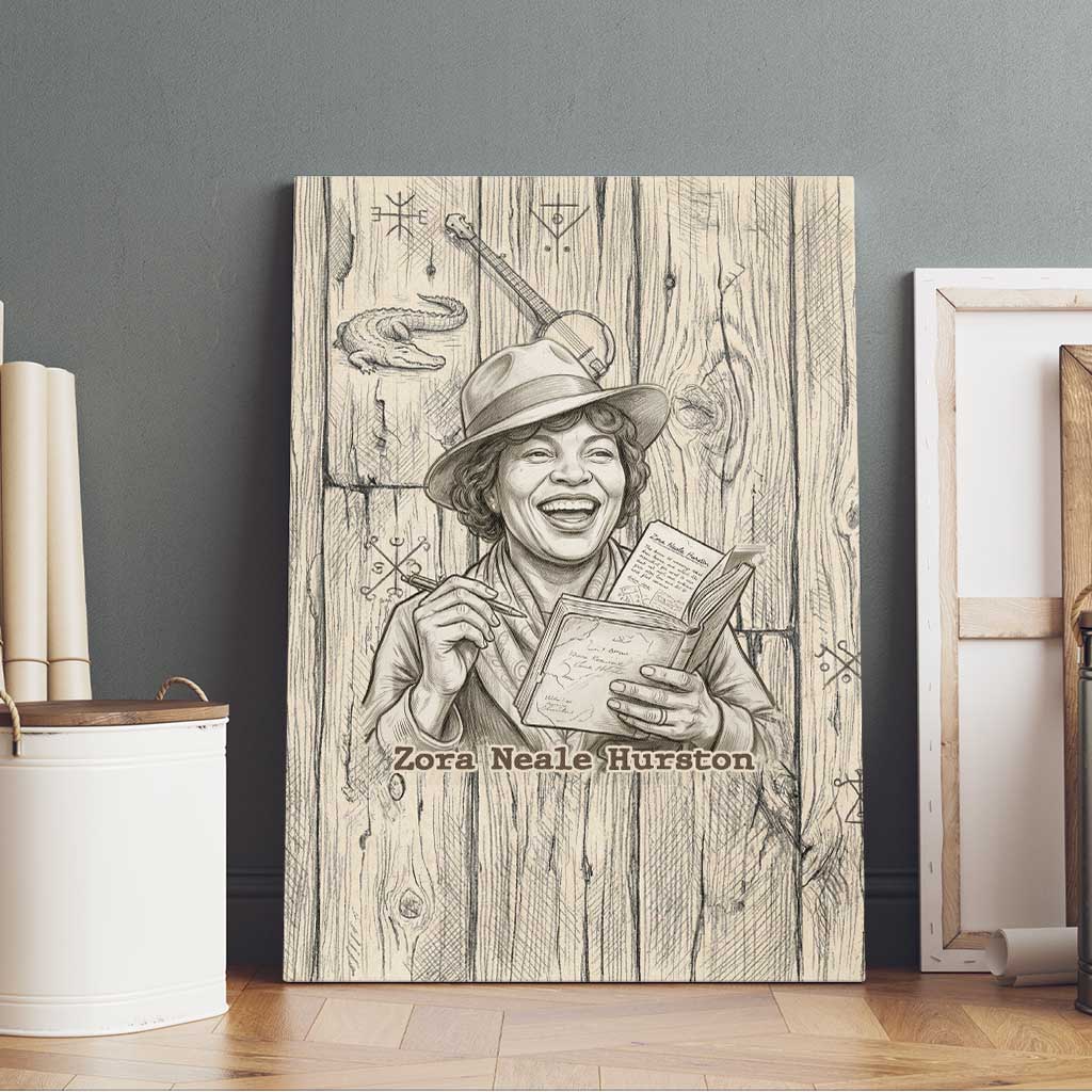 Zora Neale Hurston Canvas Wall Art Rustic Wood Engraved Style Illustration Joyful Portrait with Book and Map Donkey - African Pride