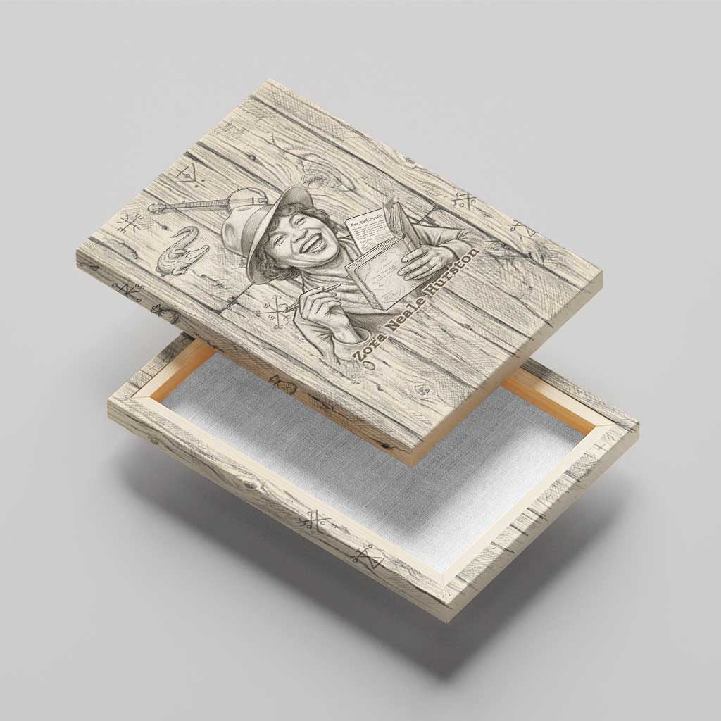 Zora Neale Hurston Canvas Wall Art Rustic Wood Engraved Style Illustration Joyful Portrait with Book and Map Donkey - African Pride