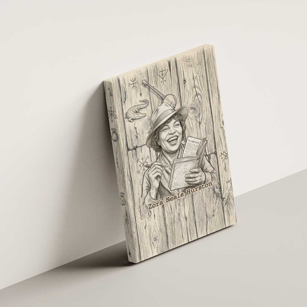 Zora Neale Hurston Canvas Wall Art Rustic Wood Engraved Style Illustration Joyful Portrait with Book and Map Donkey - African Pride
