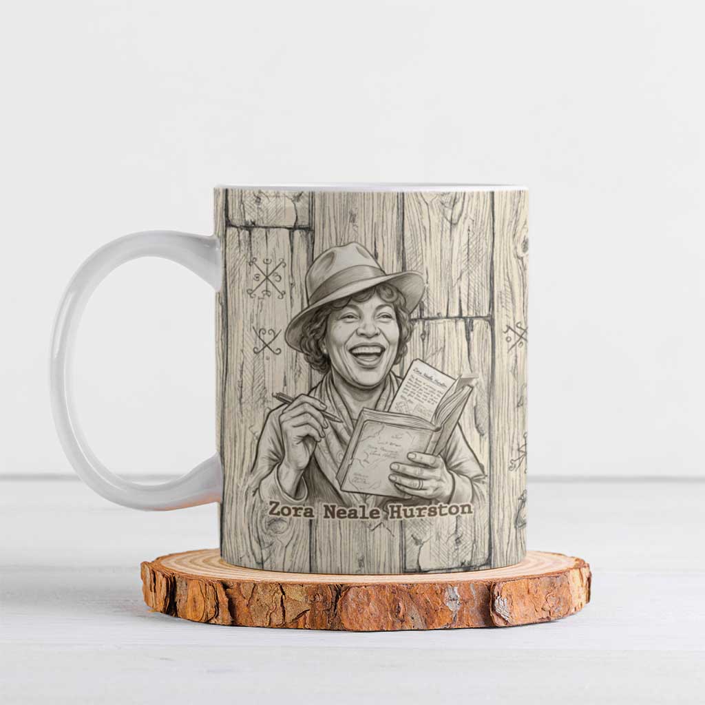 Zora Neale Hurston Ceramic Mug Rustic Wood Engraved Style Illustration Joyful Portrait with Book and Map Donkey - African Pride