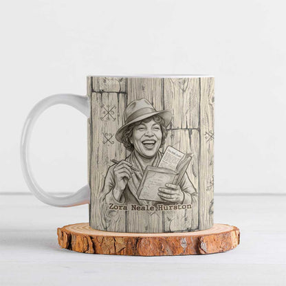 Zora Neale Hurston Ceramic Mug Rustic Wood Engraved Style Illustration Joyful Portrait with Book and Map Donkey - African Pride