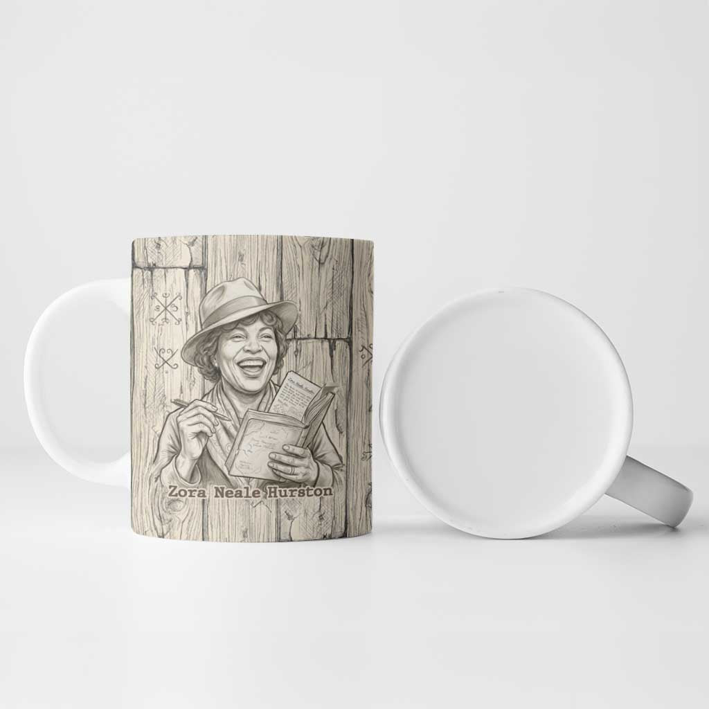 Zora Neale Hurston Ceramic Mug Rustic Wood Engraved Style Illustration Joyful Portrait with Book and Map Donkey - African Pride