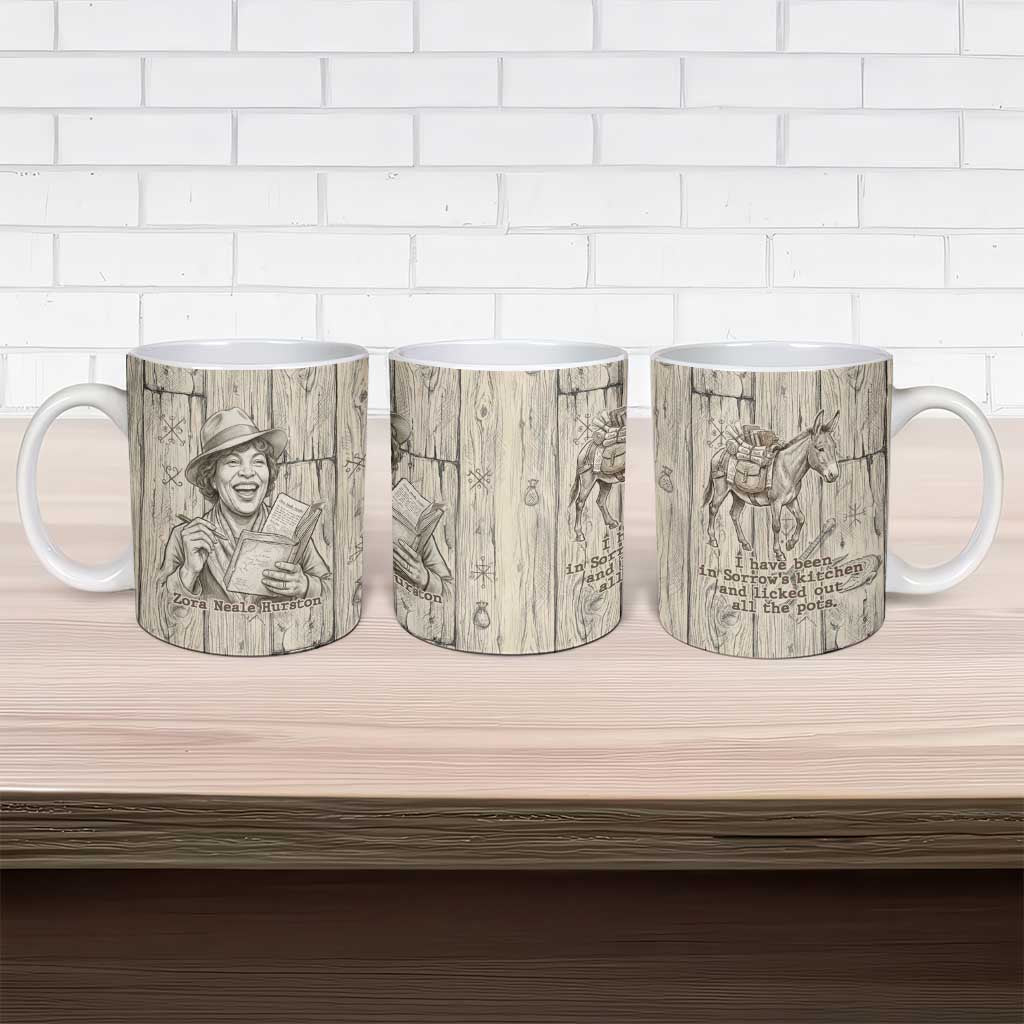 Zora Neale Hurston Ceramic Mug Rustic Wood Engraved Style Illustration Joyful Portrait with Book and Map Donkey - African Pride