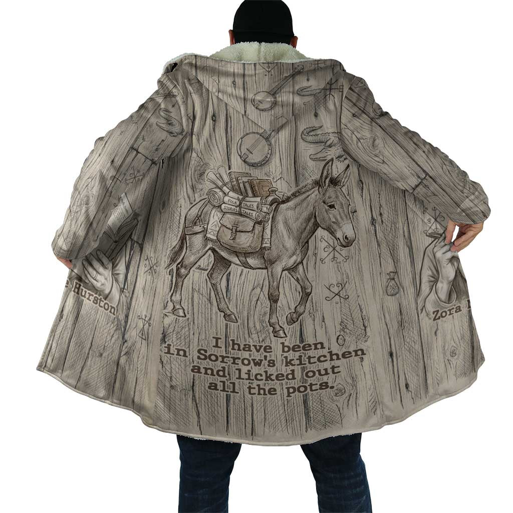 Zora Neale Hurston Cloak Rustic Wood Engraved Style Illustration Joyful Portrait with Book and Map Donkey - African Pride