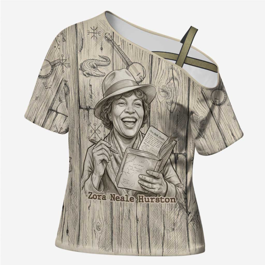 Zora Neale Hurston Cross Shoulder Shirt Rustic Wood Engraved Style Illustration Joyful Portrait with Book and Map Donkey - African Pride