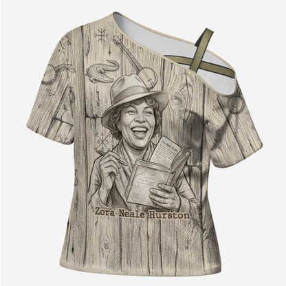 Zora Neale Hurston Cross Shoulder Shirt Rustic Wood Engraved Style Illustration Joyful Portrait with Book and Map Donkey - African Pride