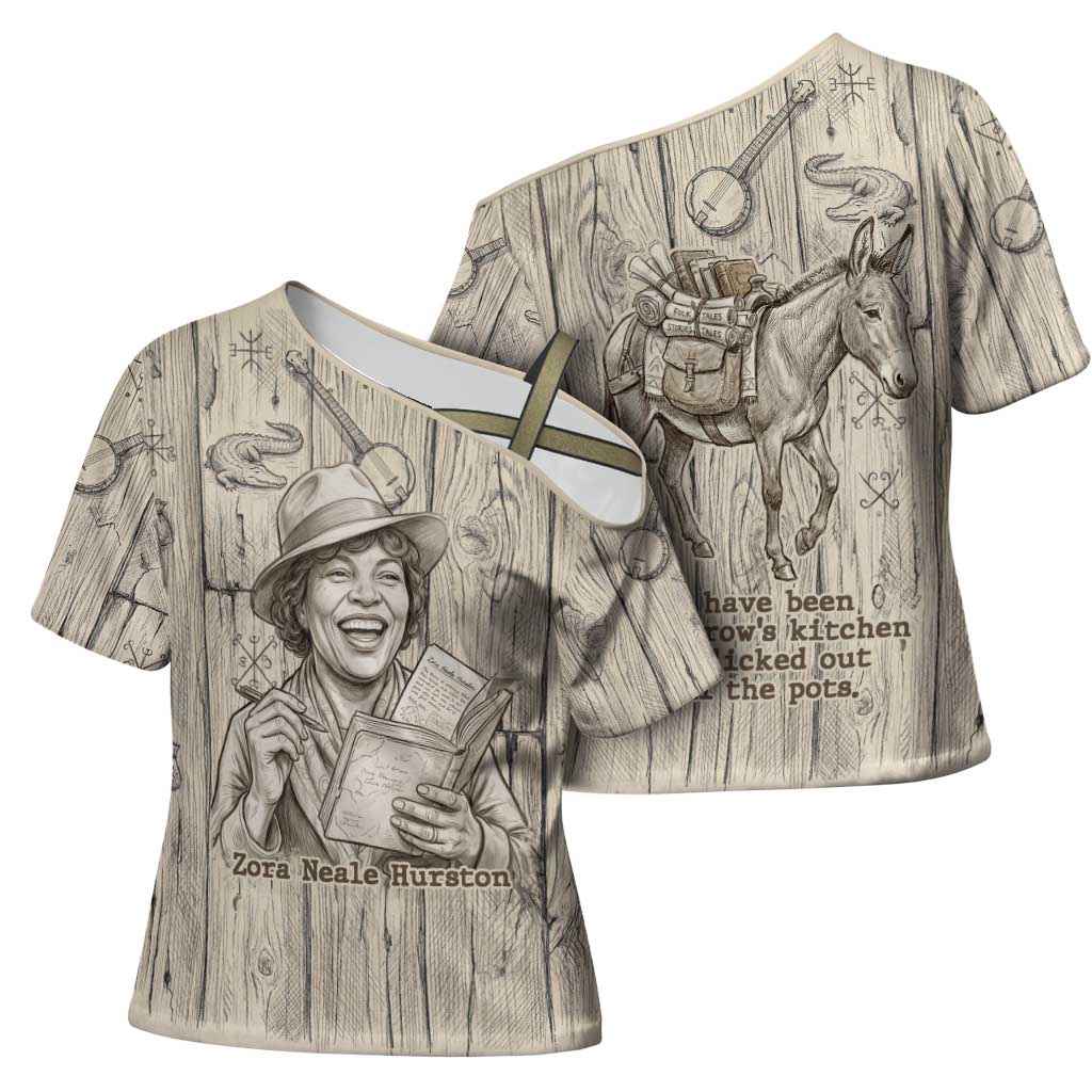 Zora Neale Hurston Cross Shoulder Shirt Rustic Wood Engraved Style Illustration Joyful Portrait with Book and Map Donkey - African Pride