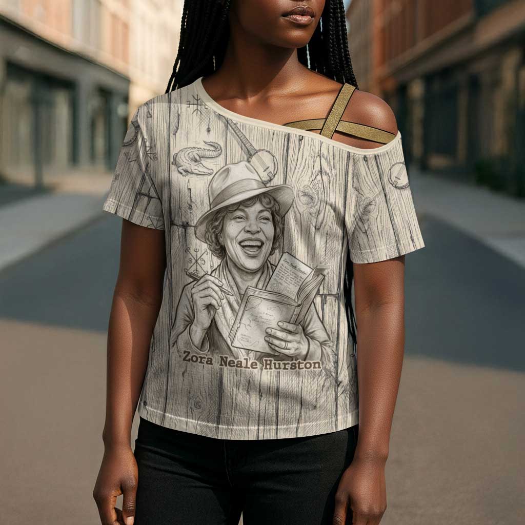 Zora Neale Hurston Cross Shoulder Shirt Rustic Wood Engraved Style Illustration Joyful Portrait with Book and Map Donkey - African Pride
