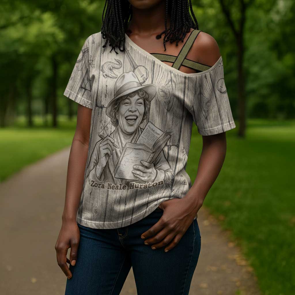 Zora Neale Hurston Cross Shoulder Shirt Rustic Wood Engraved Style Illustration Joyful Portrait with Book and Map Donkey - African Pride