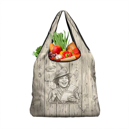 Zora Neale Hurston Grocery Bag Rustic Wood Engraved Style Illustration Joyful Portrait with Book and Map Donkey - African Pride