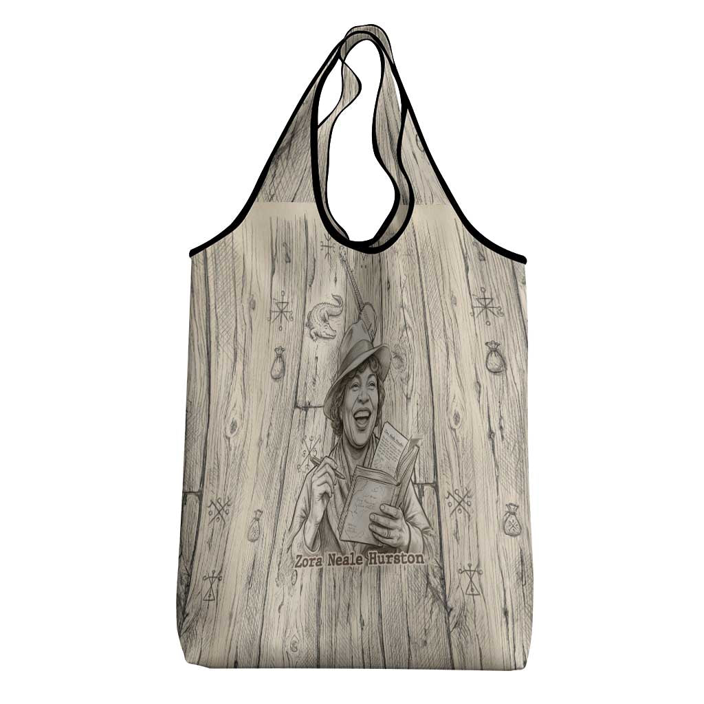 Zora Neale Hurston Grocery Bag Rustic Wood Engraved Style Illustration Joyful Portrait with Book and Map Donkey - African Pride