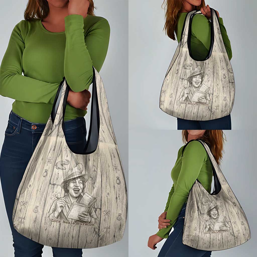 Zora Neale Hurston Grocery Bag Rustic Wood Engraved Style Illustration Joyful Portrait with Book and Map Donkey - African Pride