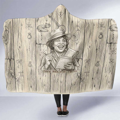 Zora Neale Hurston Hooded Blanket Rustic Wood Engraved Style Illustration Joyful Portrait with Book and Map Donkey - African Pride