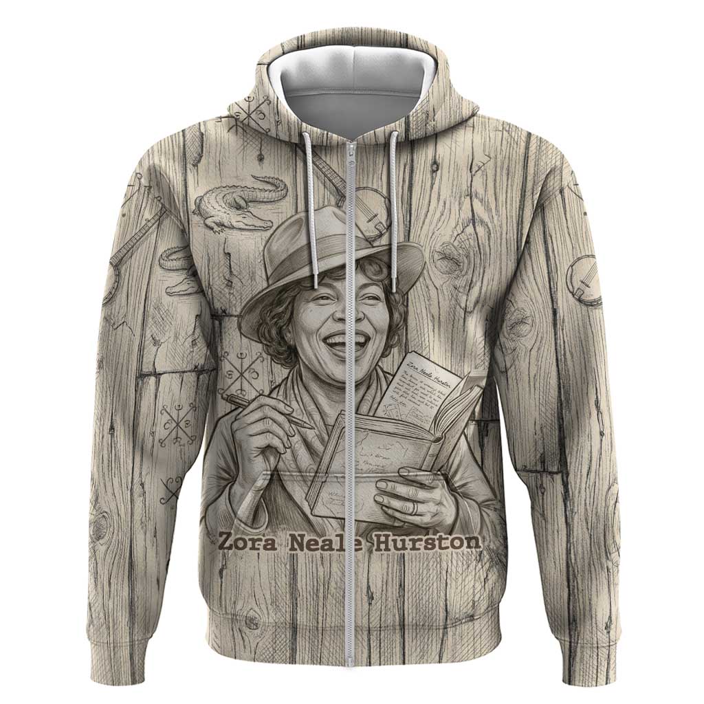 Zora Neale Hurston Hoodie Rustic Wood Engraved Style Illustration Joyful Portrait with Book and Map Donkey - African Pride